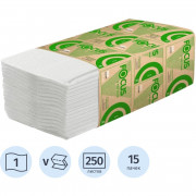 Полотенца бумажные 250 шт., Focus Eco, 1-сл., 20,5x23 V-сложение, белые