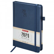 Ежедневник датированный 2024 А5 138х213 мм BRAUBERG Plain, под кожу, с резинкой, синий, 114998