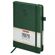 Ежедневник датированный 2024 А5 138х213 мм BRAUBERG Plain, под кожу, с резинкой, тёмно-зеленый, 114999