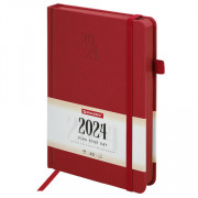 Ежедневник датированный 2024 А5 138х213 мм BRAUBERG Plain, под кожу, с резинкой, красный, 115000