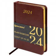 Ежедневник датированный 2024 МАЛЫЙ ФОРМАТ 100х150 мм А6, BRAUBERG Iguana, под кожу, коричневый, 114784