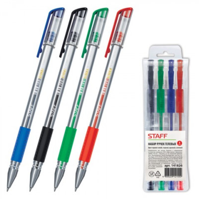 Ручки гелевые STAFF, набор 4 шт., резиновый держатель, европодвес (синяя, черная, красная, зеленая),