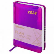 Ежедневник датированный 2024 МАЛЫЙ ФОРМАТ 100х150 мм А6, BRAUBERG Holiday, под кожу, фиолетовый, 114802