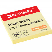 Блок для записей самокл. 76х76 мм BRAUBERG пастельный желтый, 100л