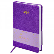 Ежедневник датированный 2024 А5 138x213 мм BRAUBERG Sparkle, под кожу, блестки, фиолетовый, 114932