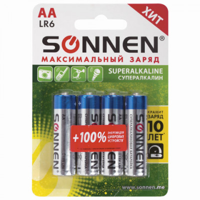 Элементы питания батарейка SONNEN, AA/LR6, СУПЕРАЛКАЛИН, 4шт/уп