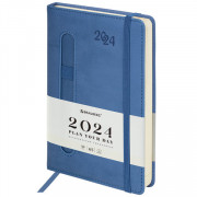 Ежедневник датированный 2024 А5 138x213 мм BRAUBERG Optimal, под кожу, резинка-фиксатор, держатель для ручки, синий, 114972