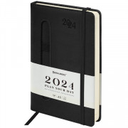 Ежедневник датированный 2024 А5 138x213 мм BRAUBERG Optimal, под кожу, резинка-фиксатор, держатель для ручки, черный, 114973