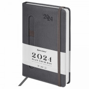 Ежедневник датированный 2024 А5 138x213 мм BRAUBERG Optimal, под кожу, резинка-фиксатор, держатель для ручки, серый, 114977