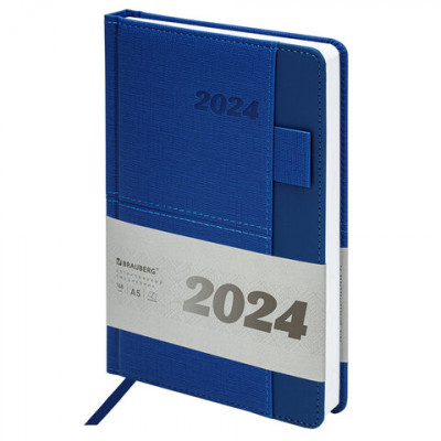 Ежедневник датированный 2024 А5 138х213 мм BRAUBERG Pocket, под кожу, карман, держатель для ручки, синий, 114989