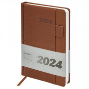 Ежедневник датированный 2024 А5 138х213 мм BRAUBERG Pocket, под кожу, карман, держатель для ручки, коричневый, 114990