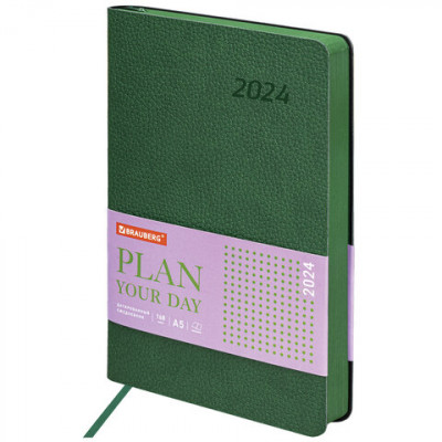Ежедневник датированный 2024 А5 138x213 мм BRAUBERG Stylish, под кожу, гибкий, зеленый, 114896