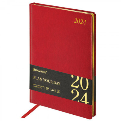 Ежедневник датированный 2024 БОЛЬШОЙ ФОРМАТ 210х297 мм А4, BRAUBERG Iguana, под кожу, красный, 114778