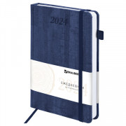 Ежедневник датированный 2024 А5 138x213 мм BRAUBERG Wood, под кожу, держатель для ручки, синий, 114899