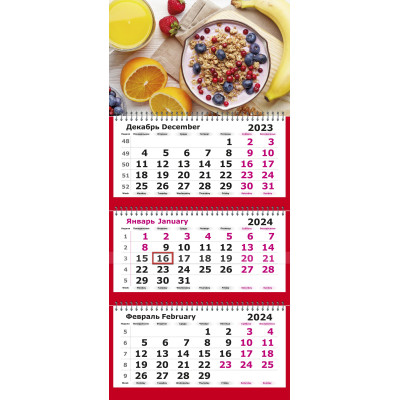 Календарь настенный 3-х блочный 2024, 305х697, Завтрак, 3 спир,80г/м2