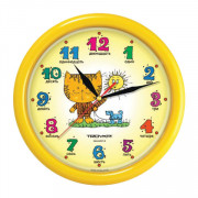 Часы настенные TROYKA 21250290 круг, желтые с рисунком ,Котенок,, желтая рамка, 24,5х24,5х3,1см