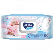 Салфетки влажные 100 шт/уп AURA Ultra comfort, для детей гипоаллергенные, без спирта, крышка-клапан