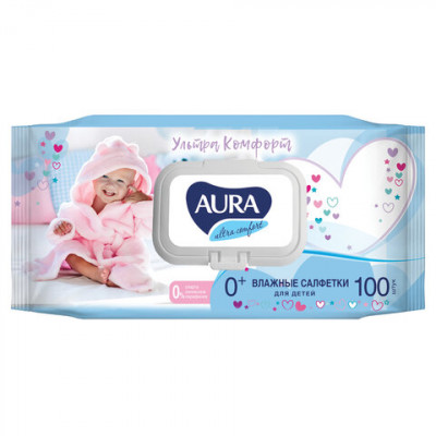 Салфетки влажные 100 шт/уп AURA Ultra comfort, для детей гипоаллергенные, без спирта, крышка-клапан