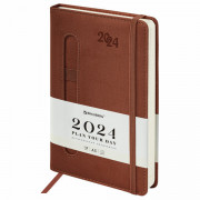 Ежедневник датированный 2024 А5 138x213 мм BRAUBERG Optimal, под кожу, резинка-фиксатор, держатель для ручки, коричневый, 114976